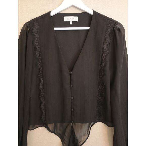 Wayf Blouse Women Small Black Chiffon Whimsy Goth Witchcore Tie Front Cropped - Picture 5 of 12